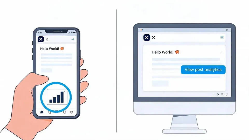 A hand holding a smartphone alongside a desktop computer displaying Twitter post analytics features.