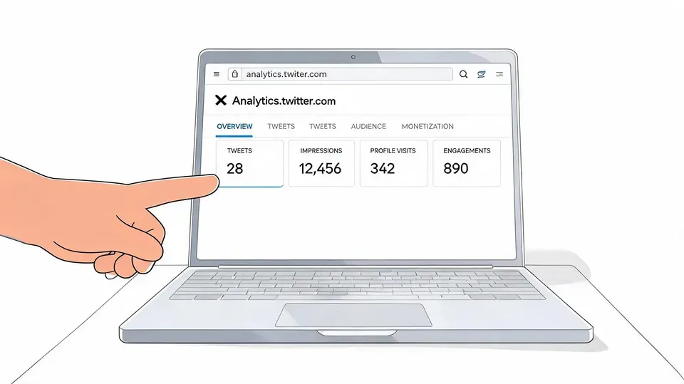 A hand pointing to a laptop screen displaying the Twitter analytics dashboard showing engagement statistics.