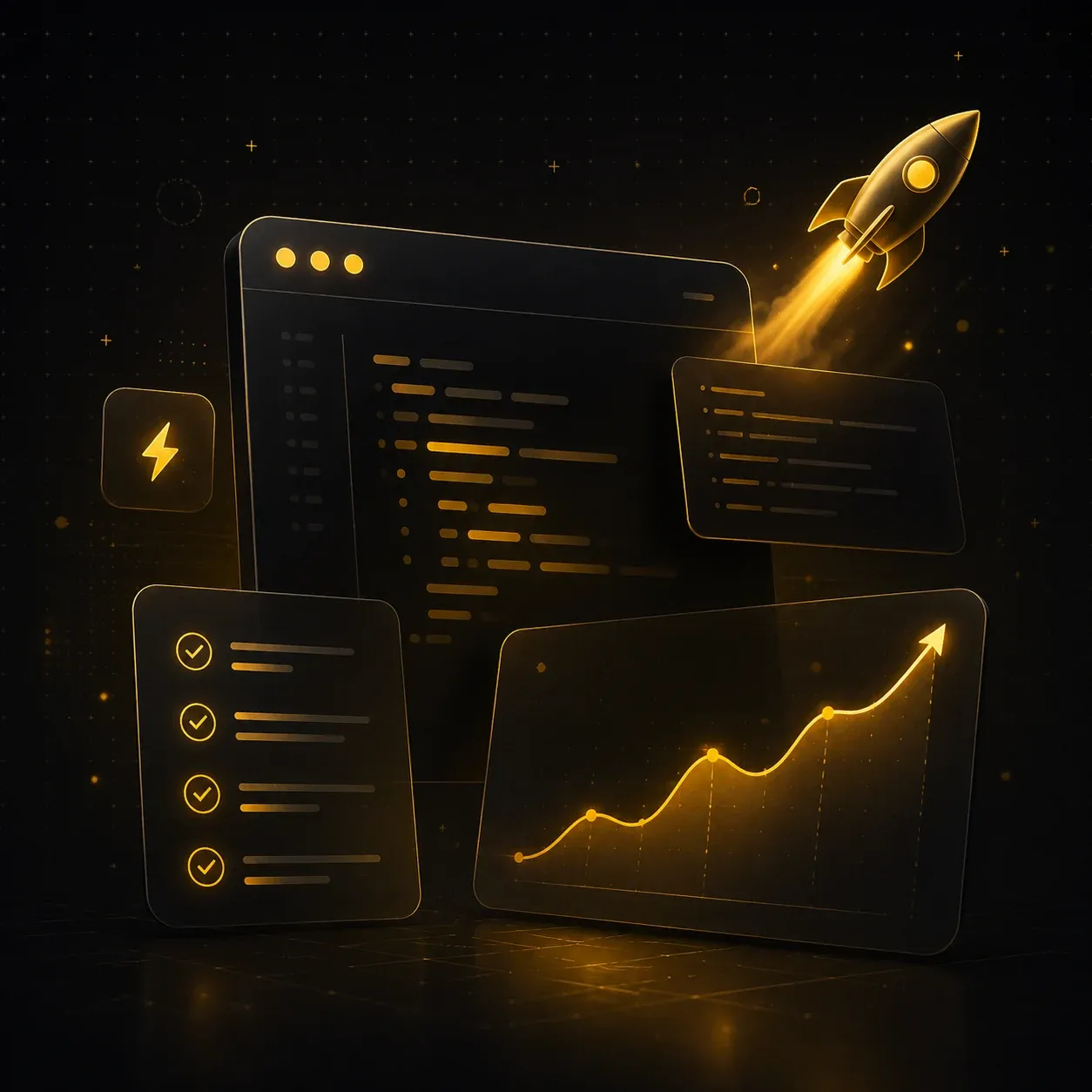 Glowing product dashboard, launch checklist, growth chart, and rocket for indie hackers.