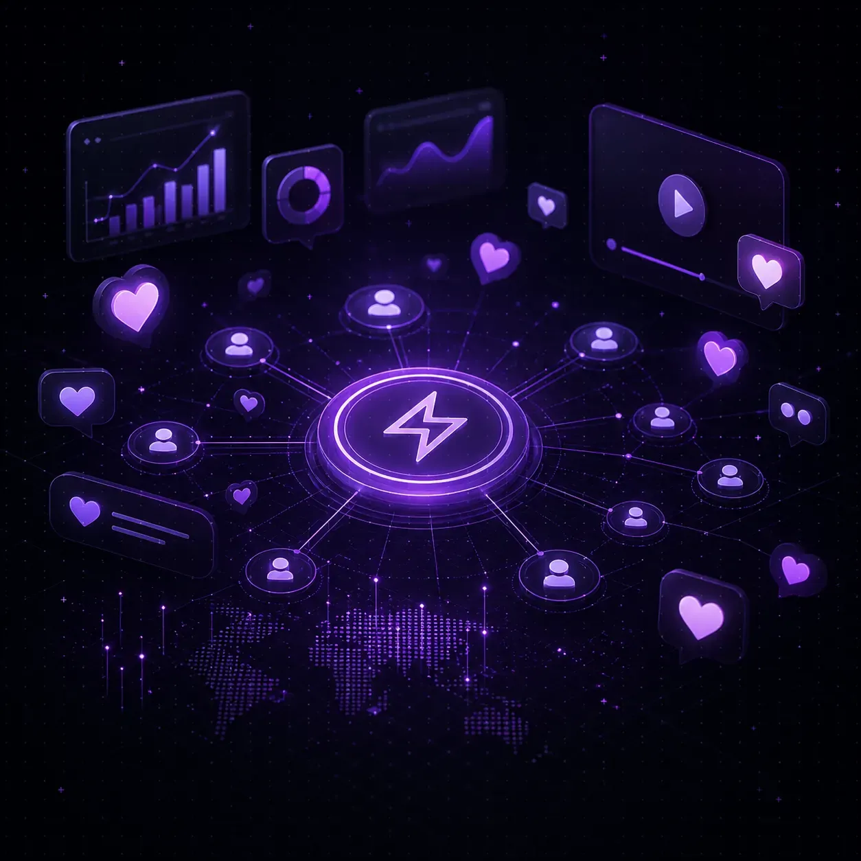 Influencer growth workspace with social metrics and violet content visuals.