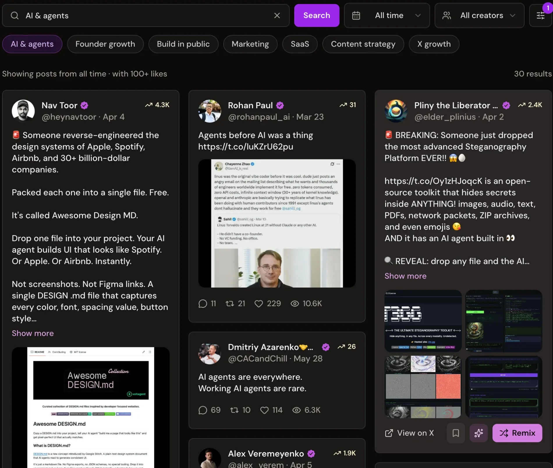 Xholic Inspiration search for AI and agents posts, with topic chips, time and creator filters, and Save and Remix buttons on each result.