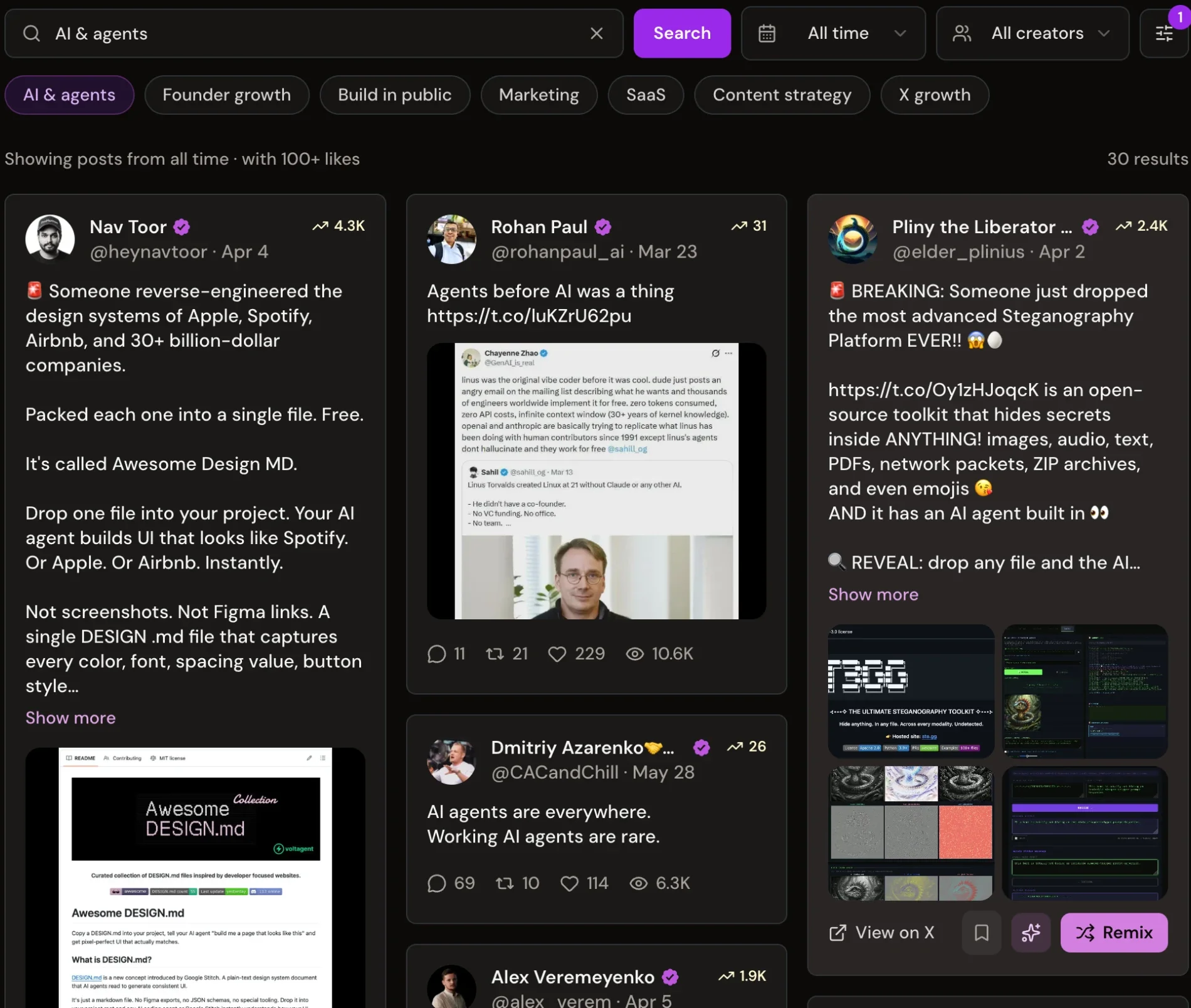 Xholic Inspiration Library search results with a Remix button on each post