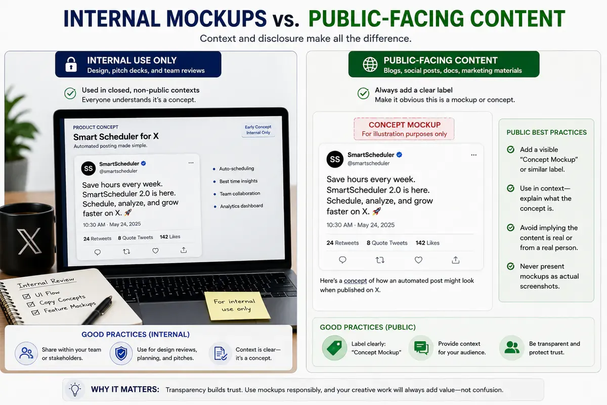 Comparison of internal tweet mockups and public-facing mockups with recommended disclosure practices.