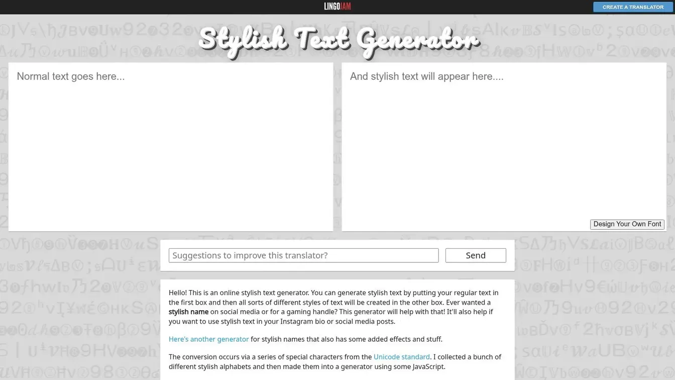 LingoJam Stylish Text Generator with live input and styled text previews.