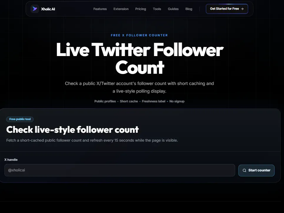Live Twitter Follower Count tool interface with public handle input.