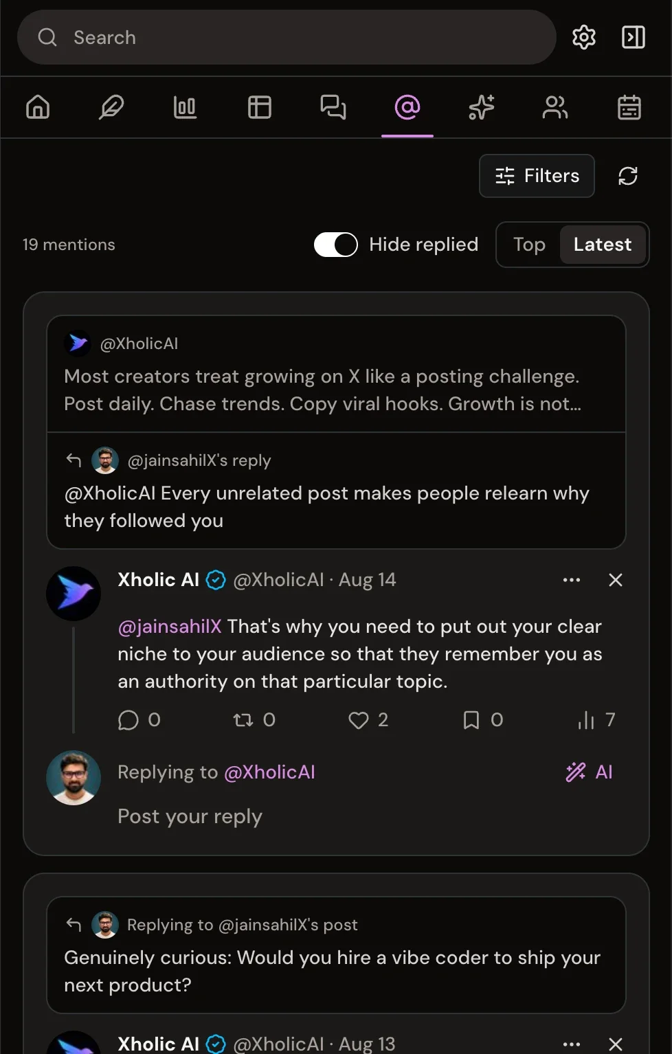 Xholic mentions inbox sorted by latest, with replied mentions hidden