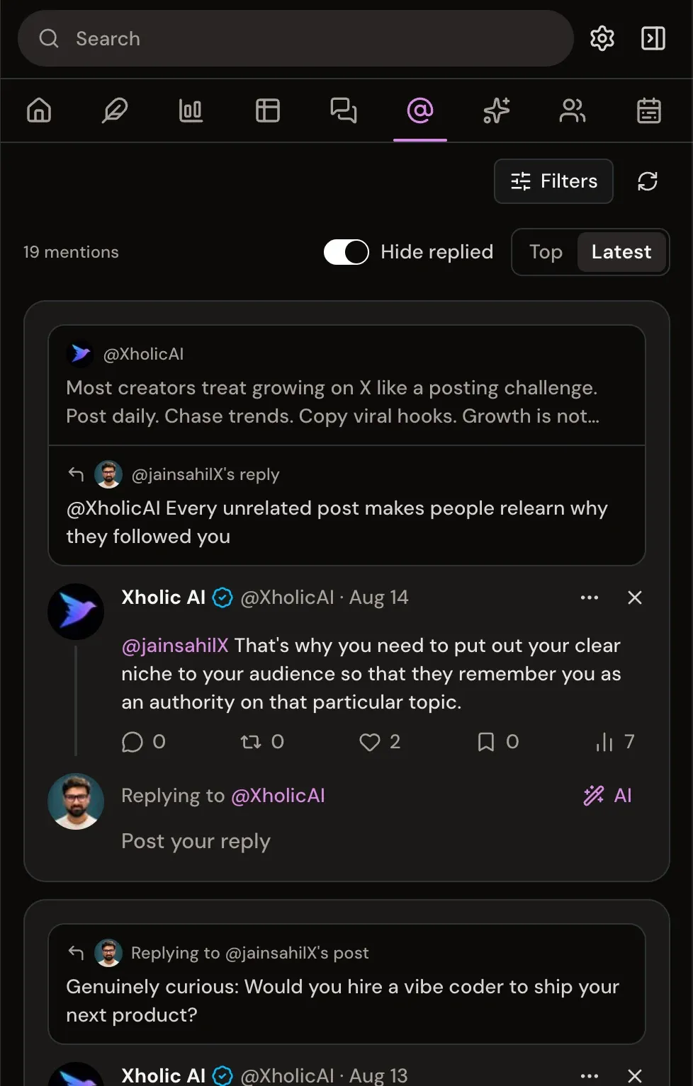 Xholic mentions inbox sorted by latest, with replied mentions hidden