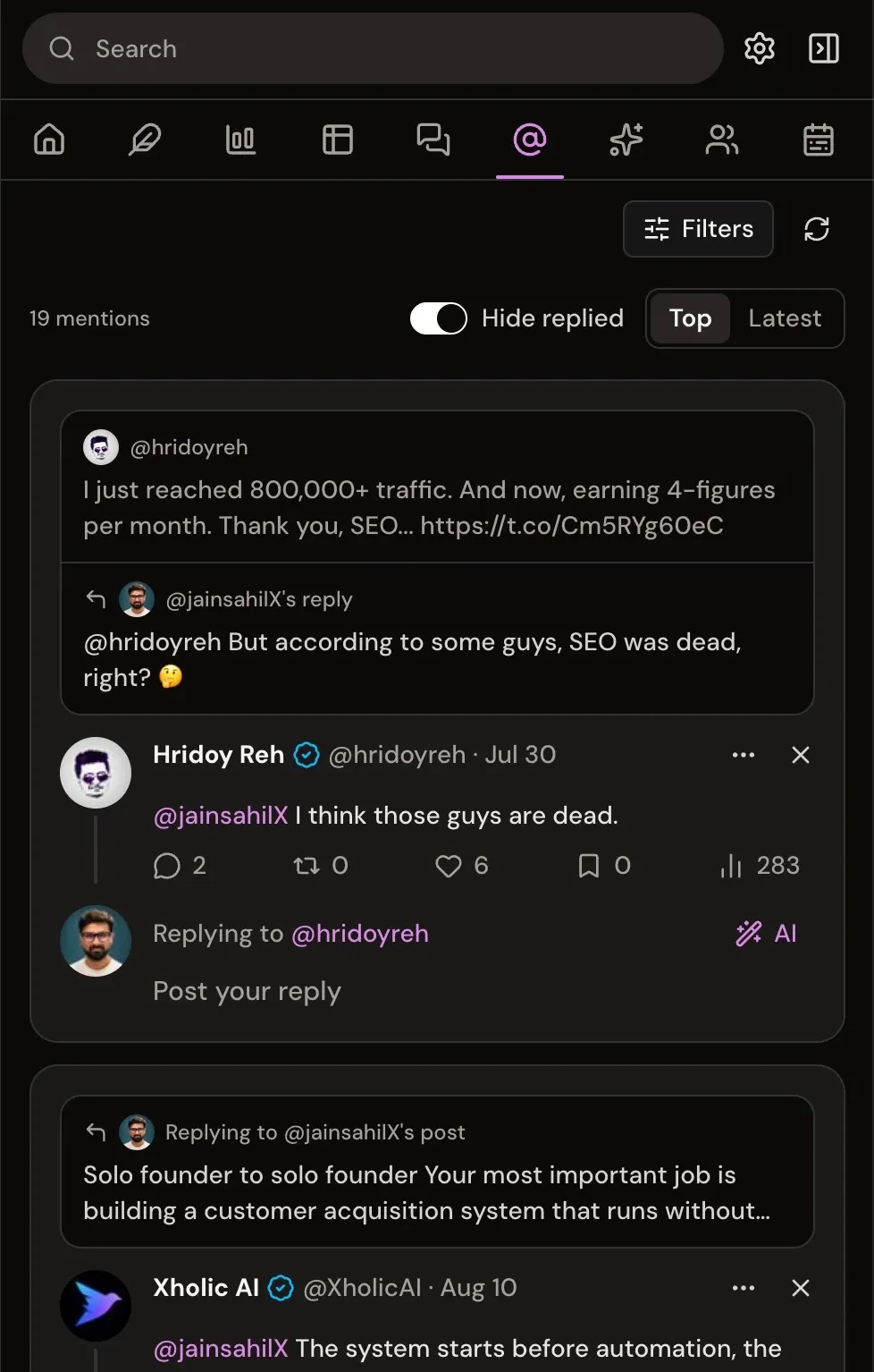 Xholic mentions inbox sorted by top, with the original post, your reply, and a reply box