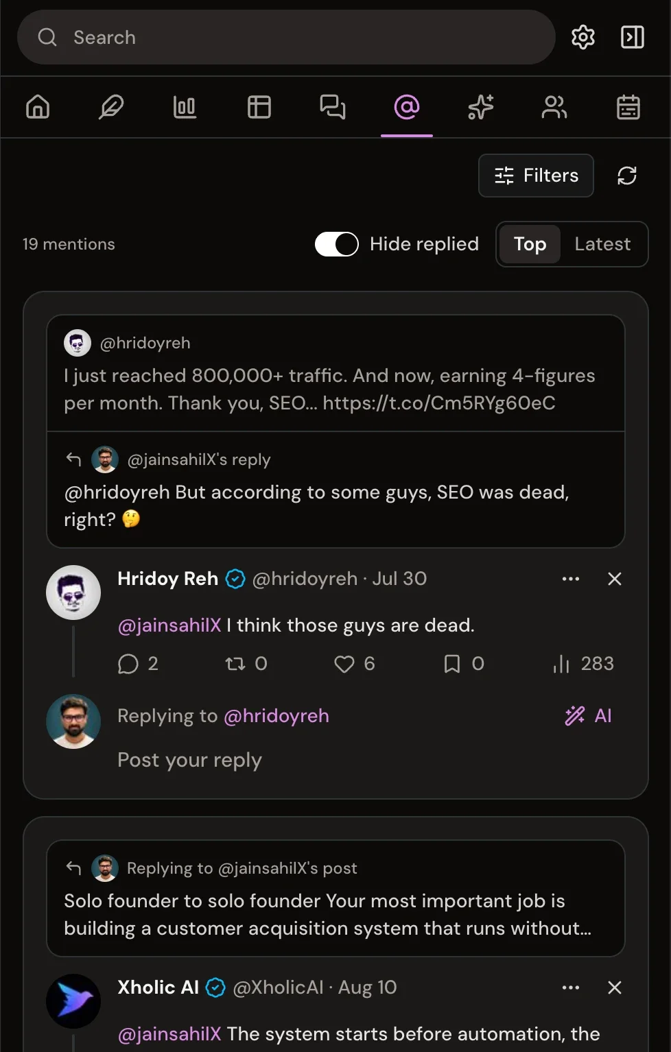 Xholic mentions inbox sorted by top, with the original post, your reply and a reply box