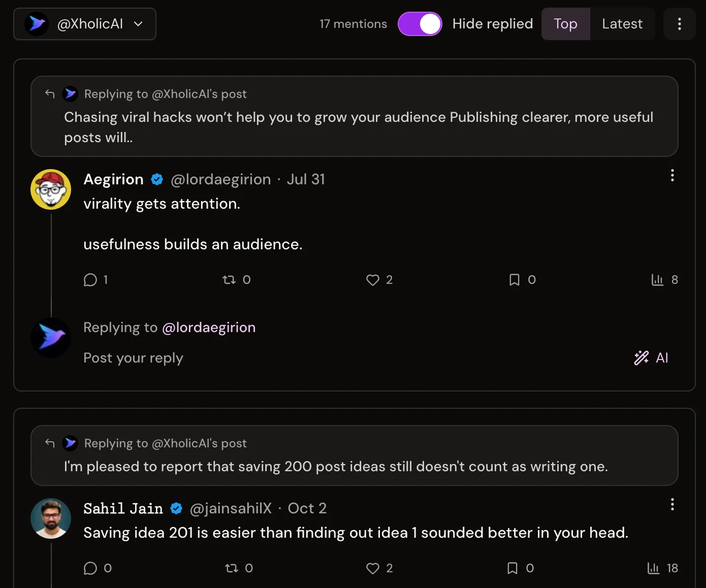 Xholic's mentions inbox showing a reply to one of your posts, with an inline reply box and an AI button.
