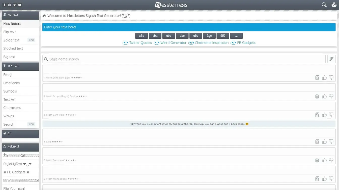 Messletters font generator interface with multiple Unicode style categories.