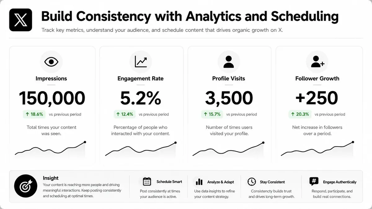 A social media marketing infographic showing analytics for Twitter growth including impressions, engagement, and follower increases.