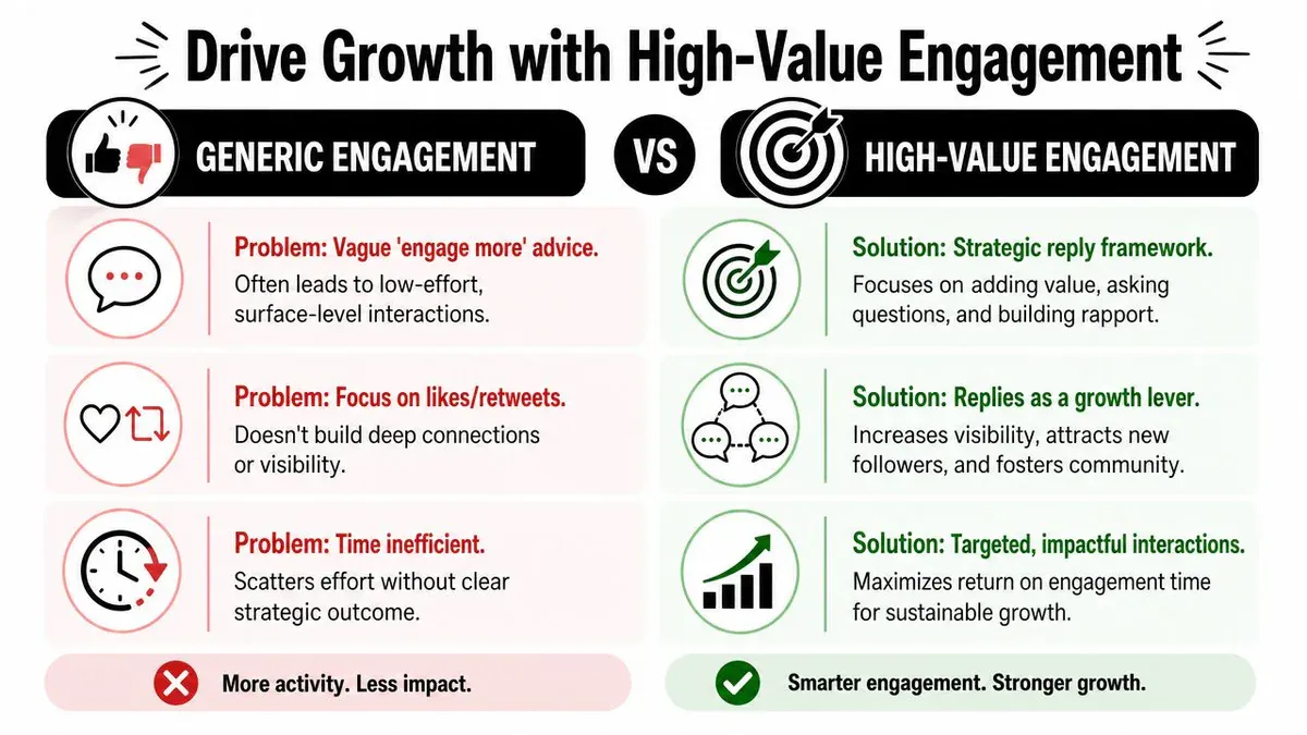 A comparison chart showing the differences between generic engagement and strategic high-value engagement for growth.