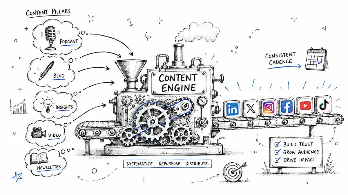 A hand-drawn illustration showing a content engine turning content pillars into social media posts.