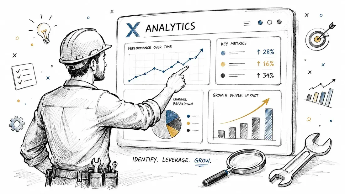 An illustration of a creator reviewing graphs and performance metrics on an analytics dashboard.