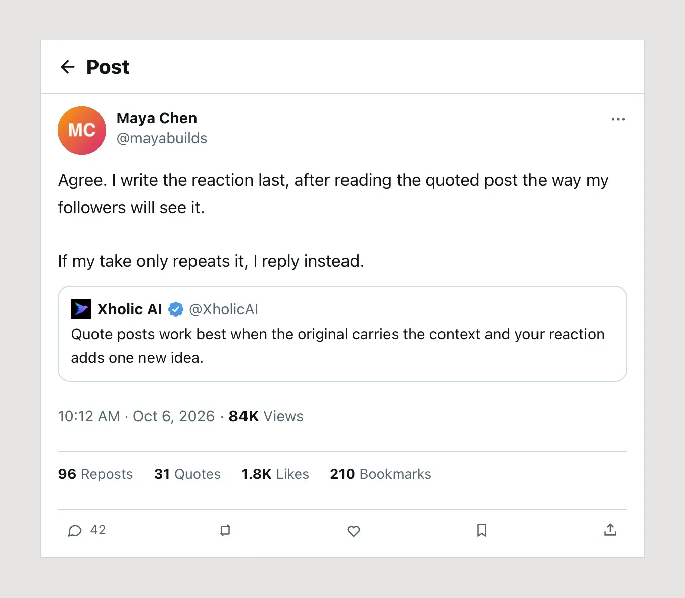 A real 2x PNG export of the quote post mockup in Light theme, 1196 by 1024 pixels, showing Maya Chen's reaction above the quoted @XholicAI post, the timestamp, 84K views, counts and the action row.