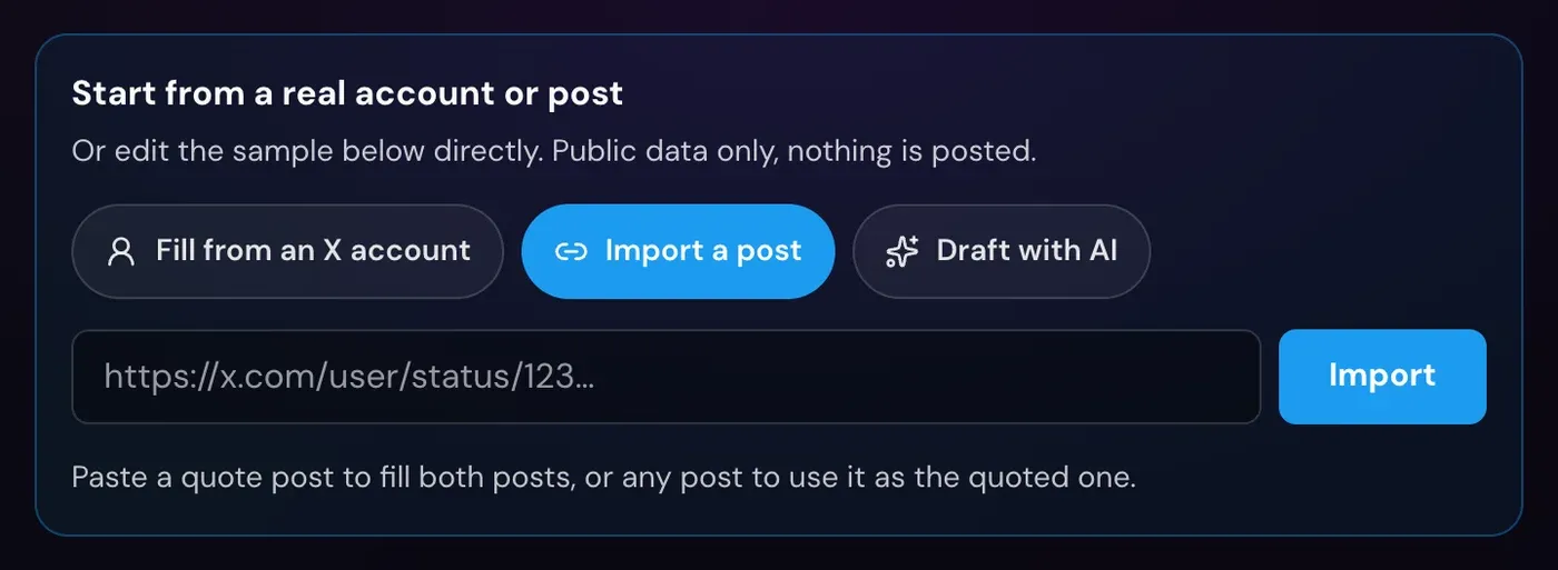 The Import a post panel with a post link field, an Import button and the hint: Paste a quote post to fill both posts, or any post to use it as the quoted one.