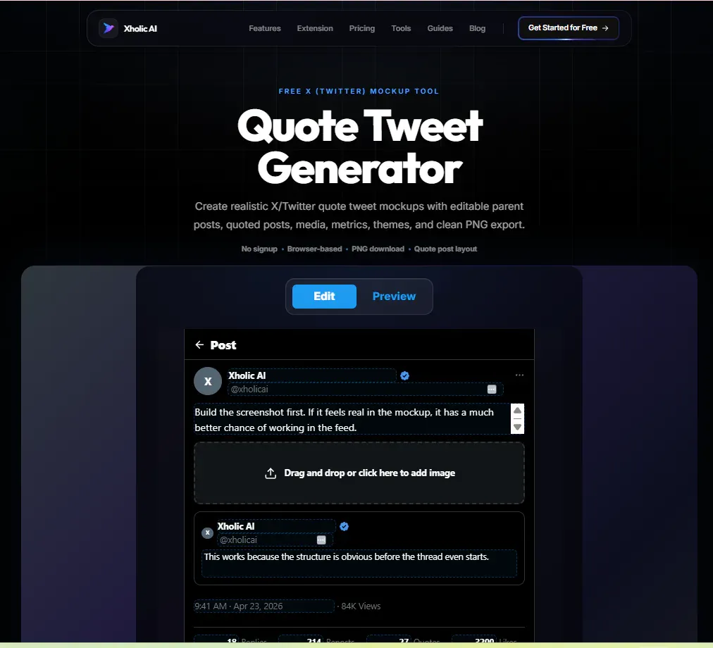 Quote Tweet Generator interface with editable quote tweet mockup.