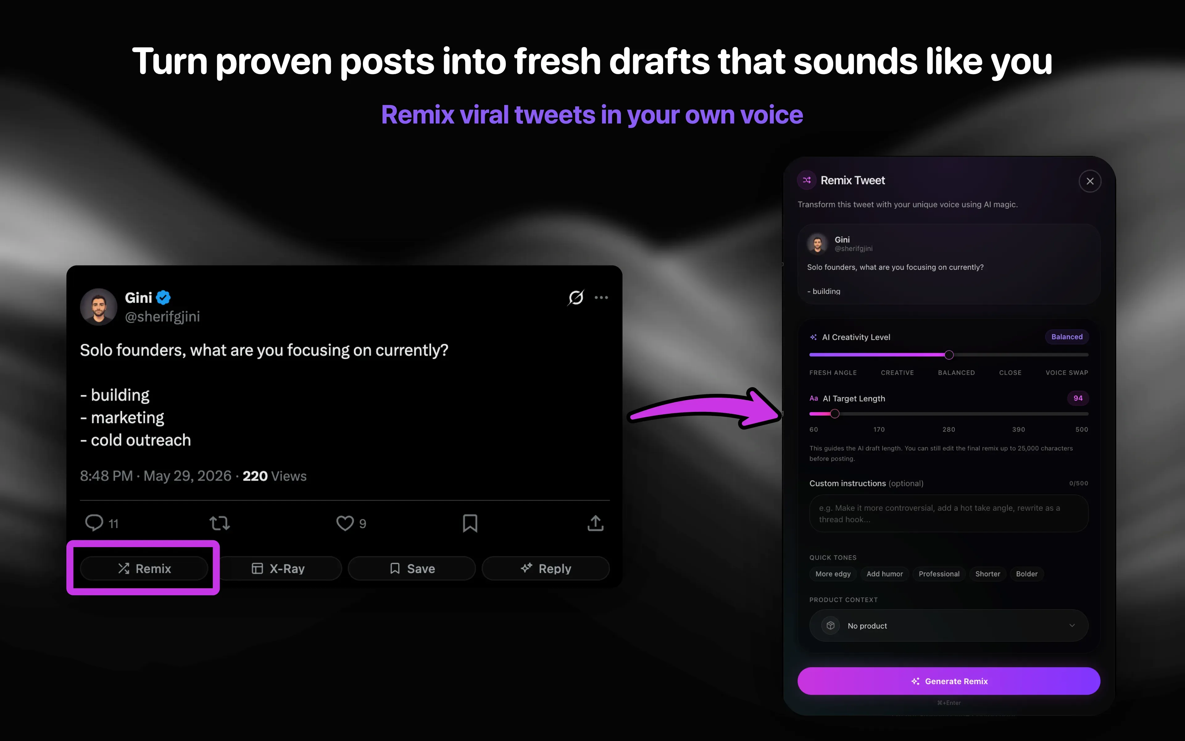 Xholic AI Chrome extension tweet remix composer preview.