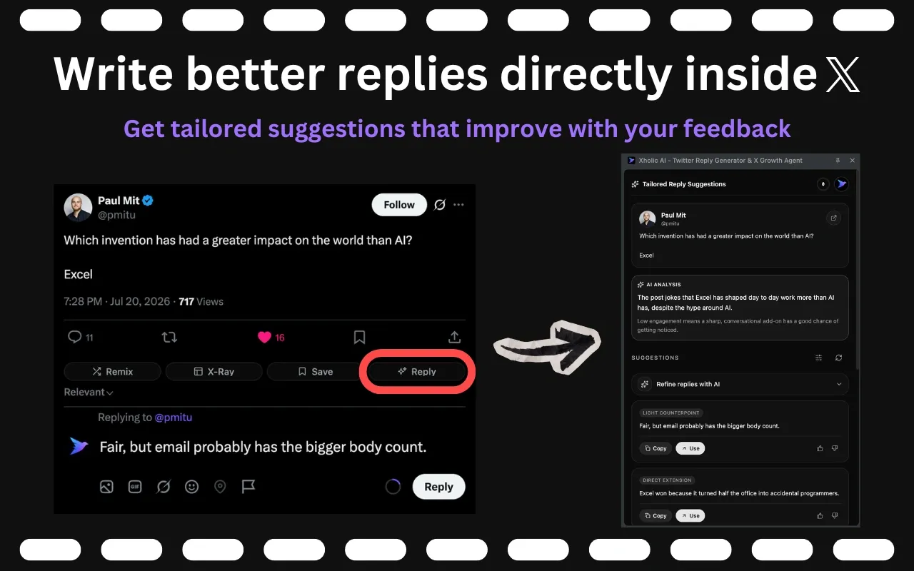 Xholic reply suggestions appearing directly under a tweet inside X