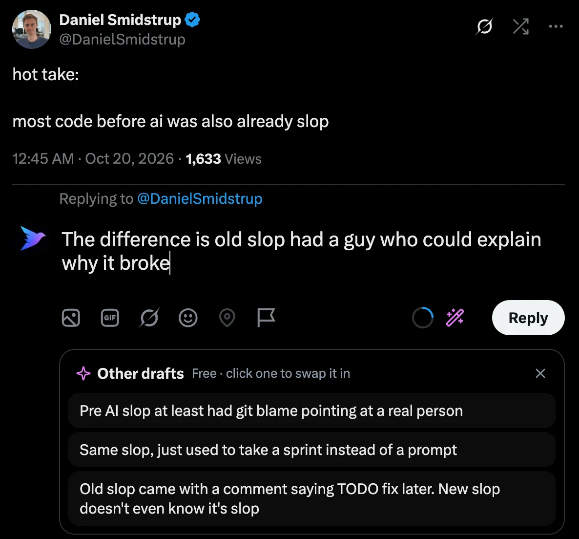 The Xholic Chrome extension on x.com: an AI-written reply in the reply box, with three other drafts you can click to swap in.