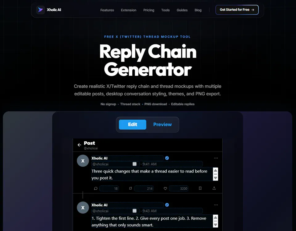 Reply Chain Generator interface showing a stacked X reply thread mockup.