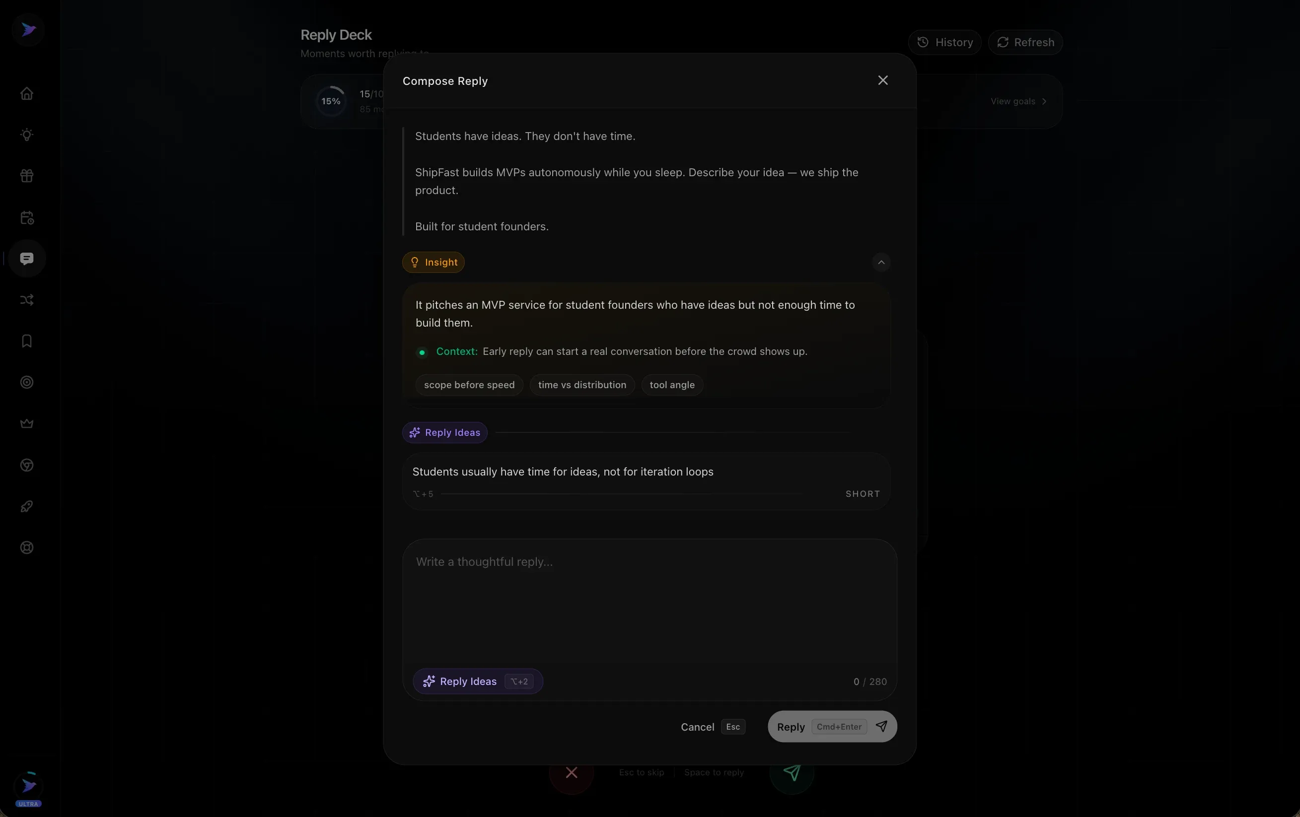 Xholic AI reply composer preview.