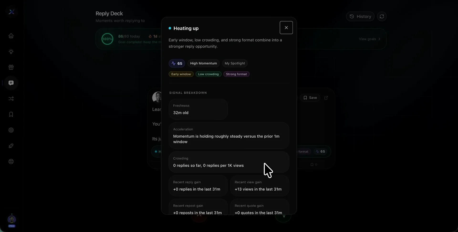 Xholic Reply Deck preview for discovering high-momentum conversations on X.