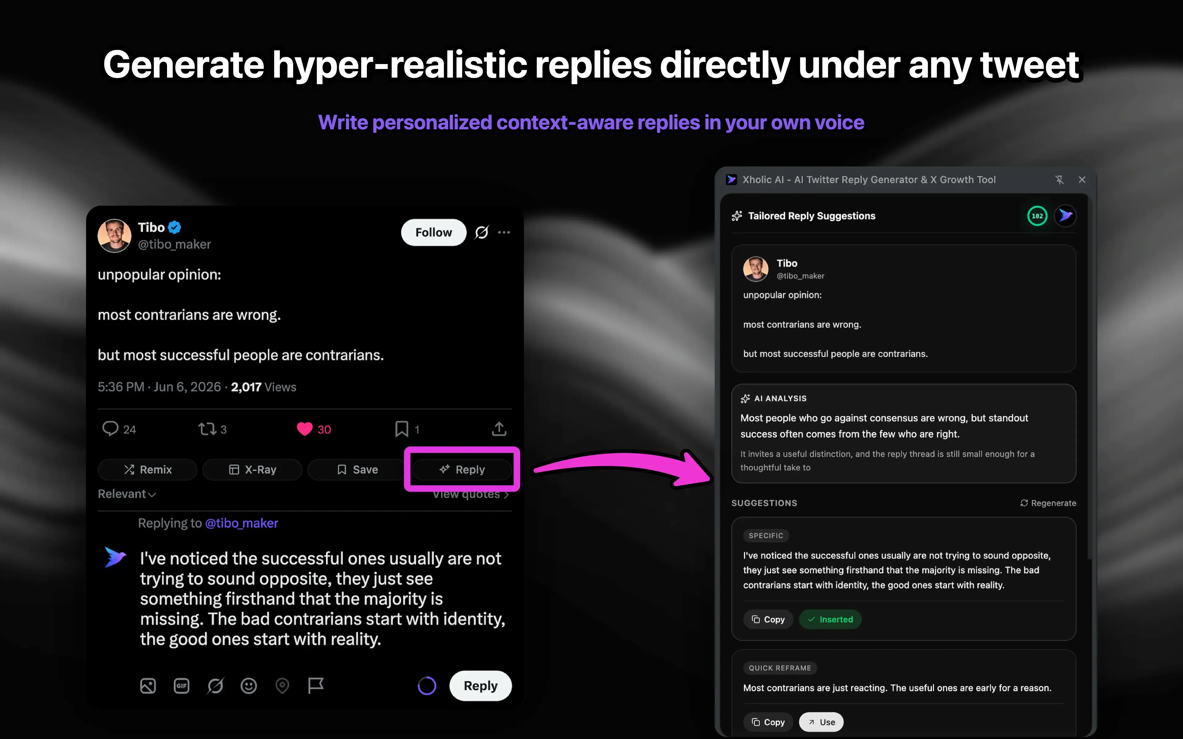 Xholic AI Chrome extension reply composer preview.
