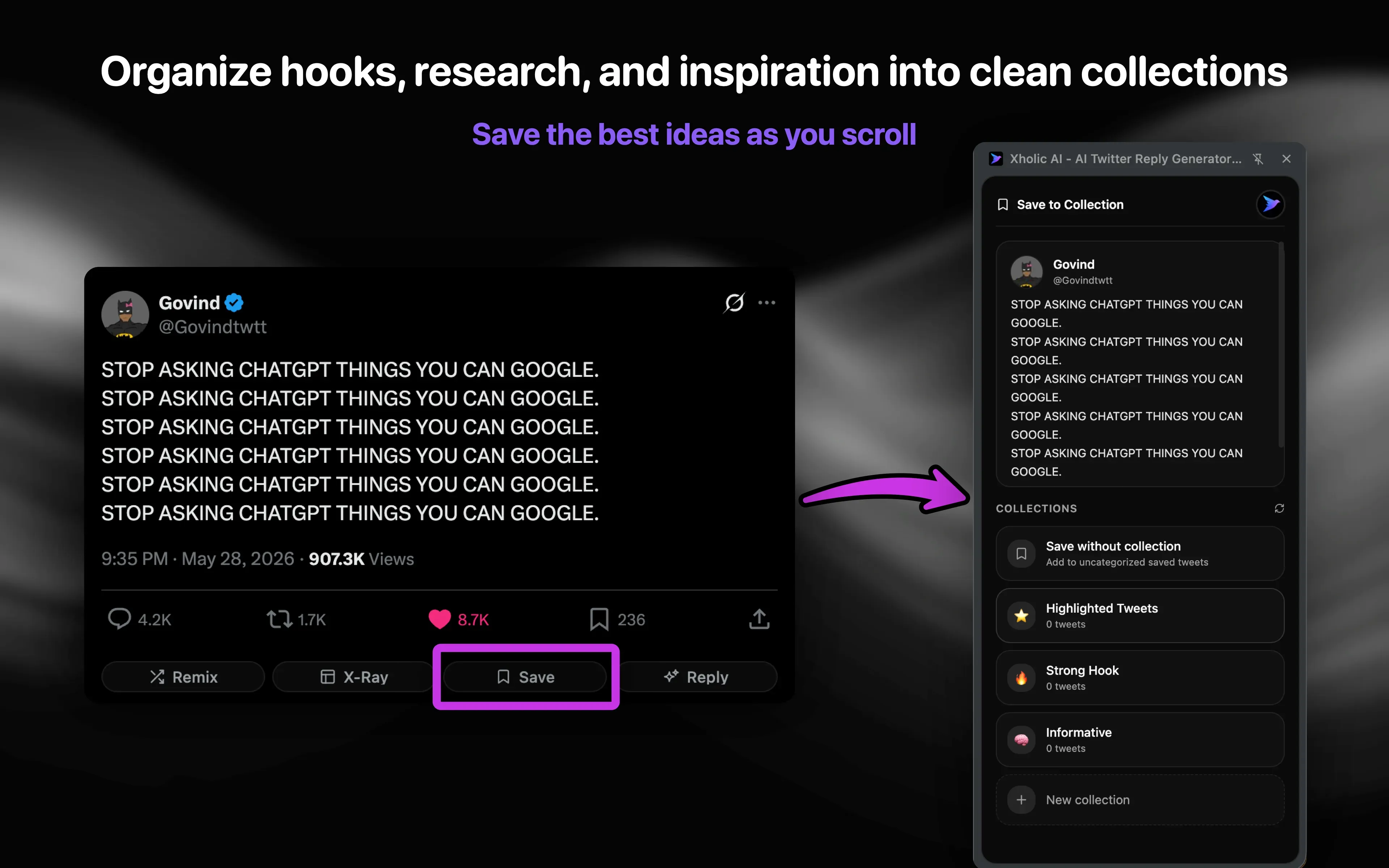 Xholic AI Chrome extension saved tweet preview.