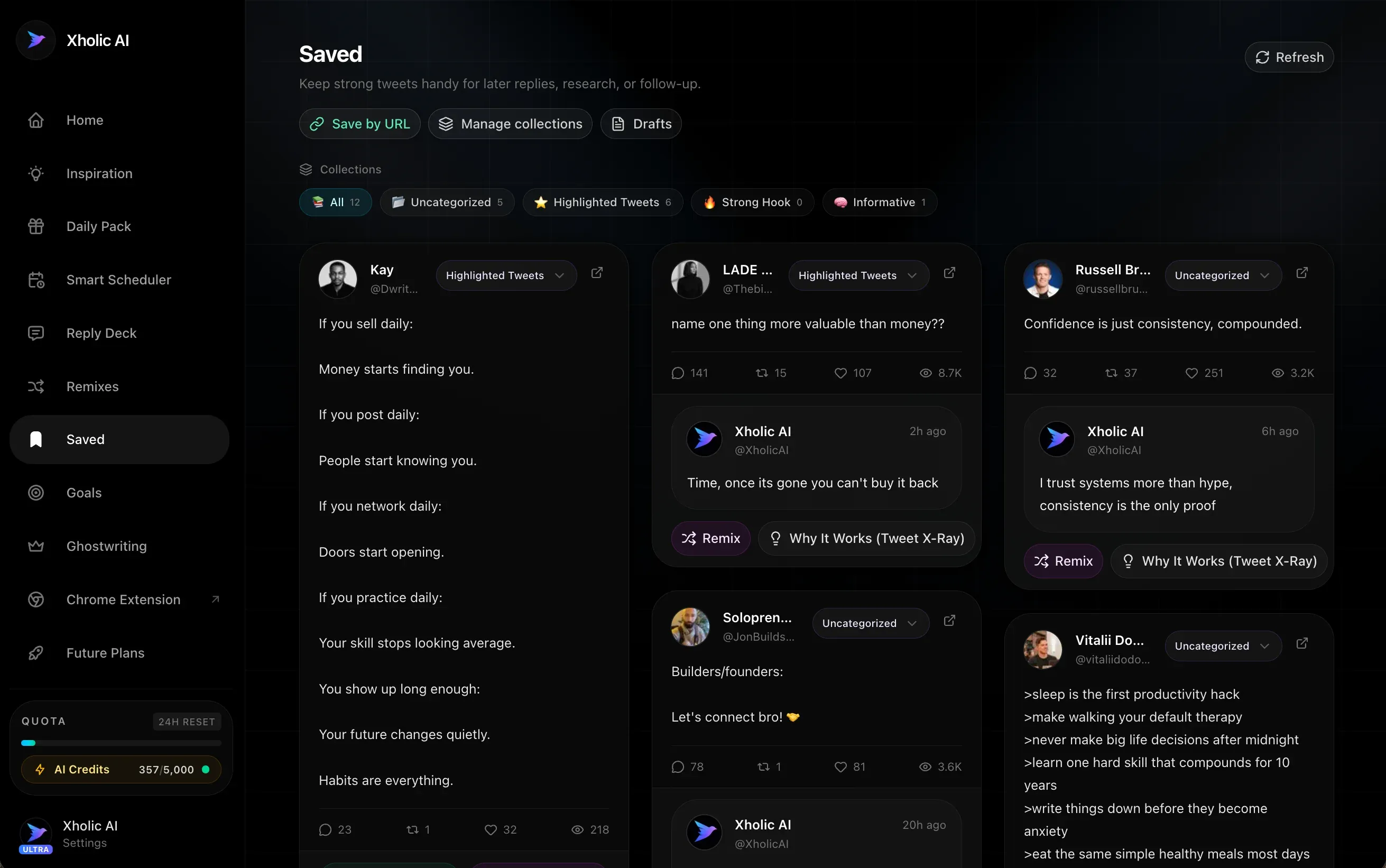 Xholic AI saved collections preview.