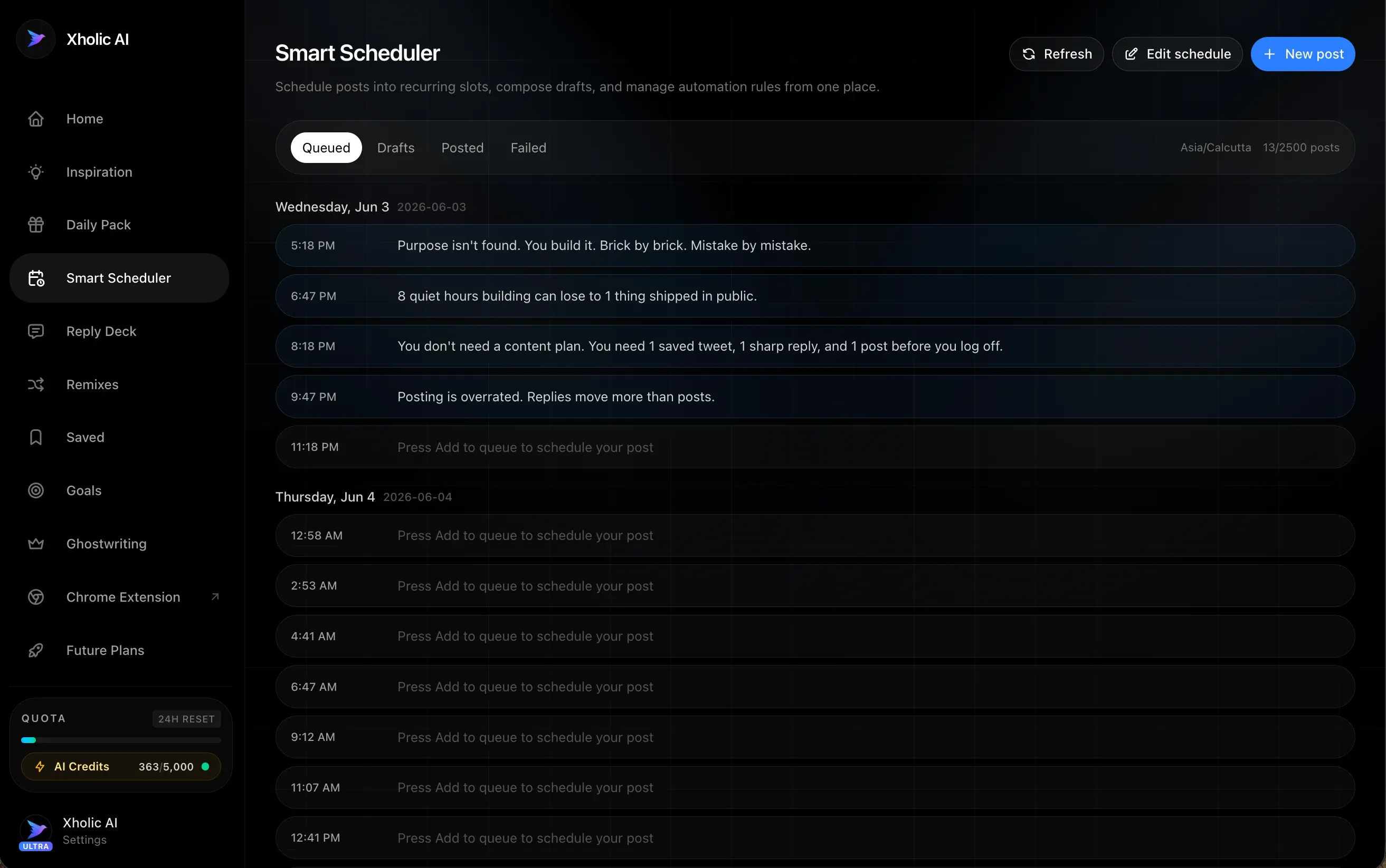 Xholic AI smart scheduler preview.