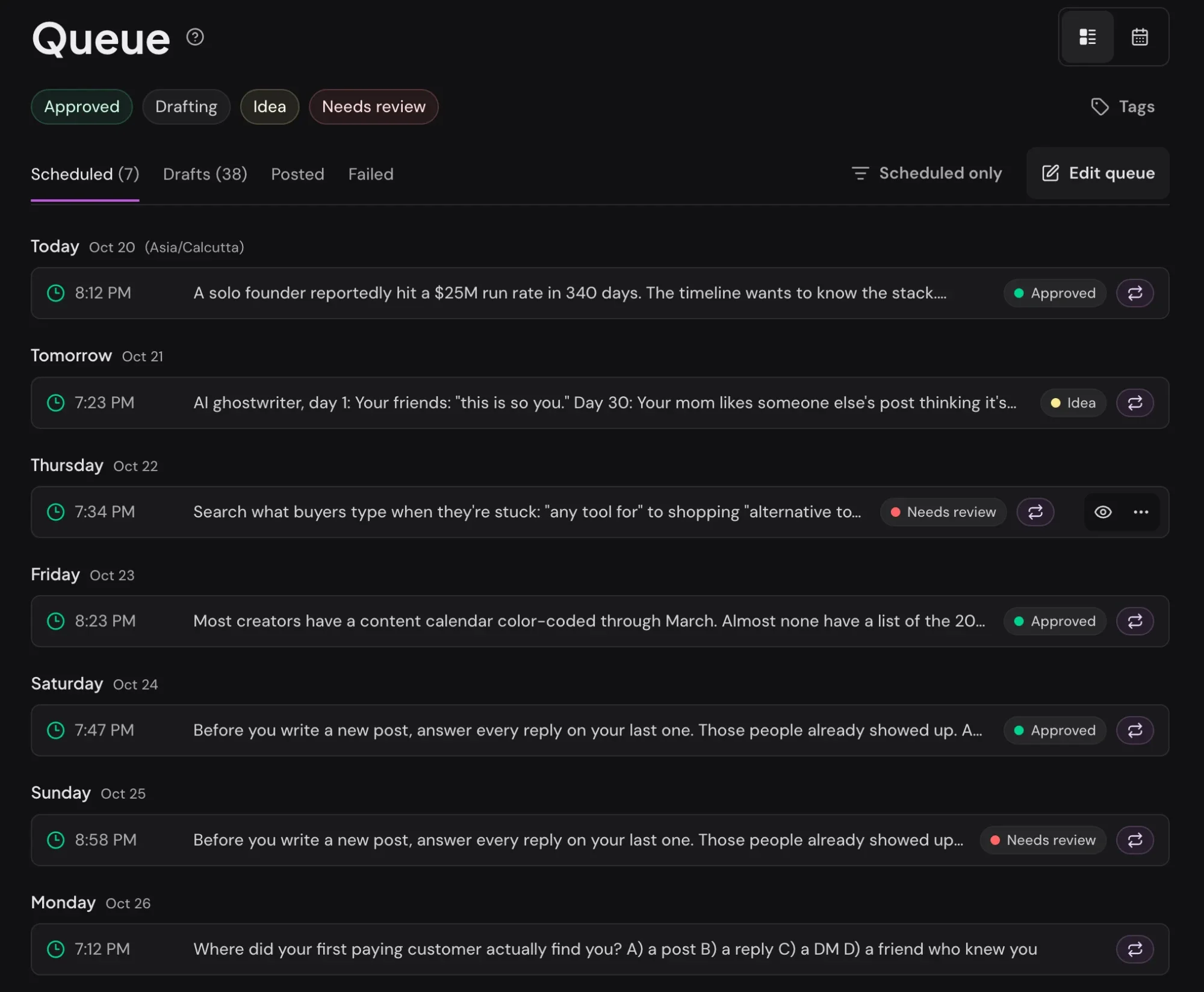 Xholic's post queue with a week of posts scheduled one a day at set times, each with a status label such as Approved or Needs review.