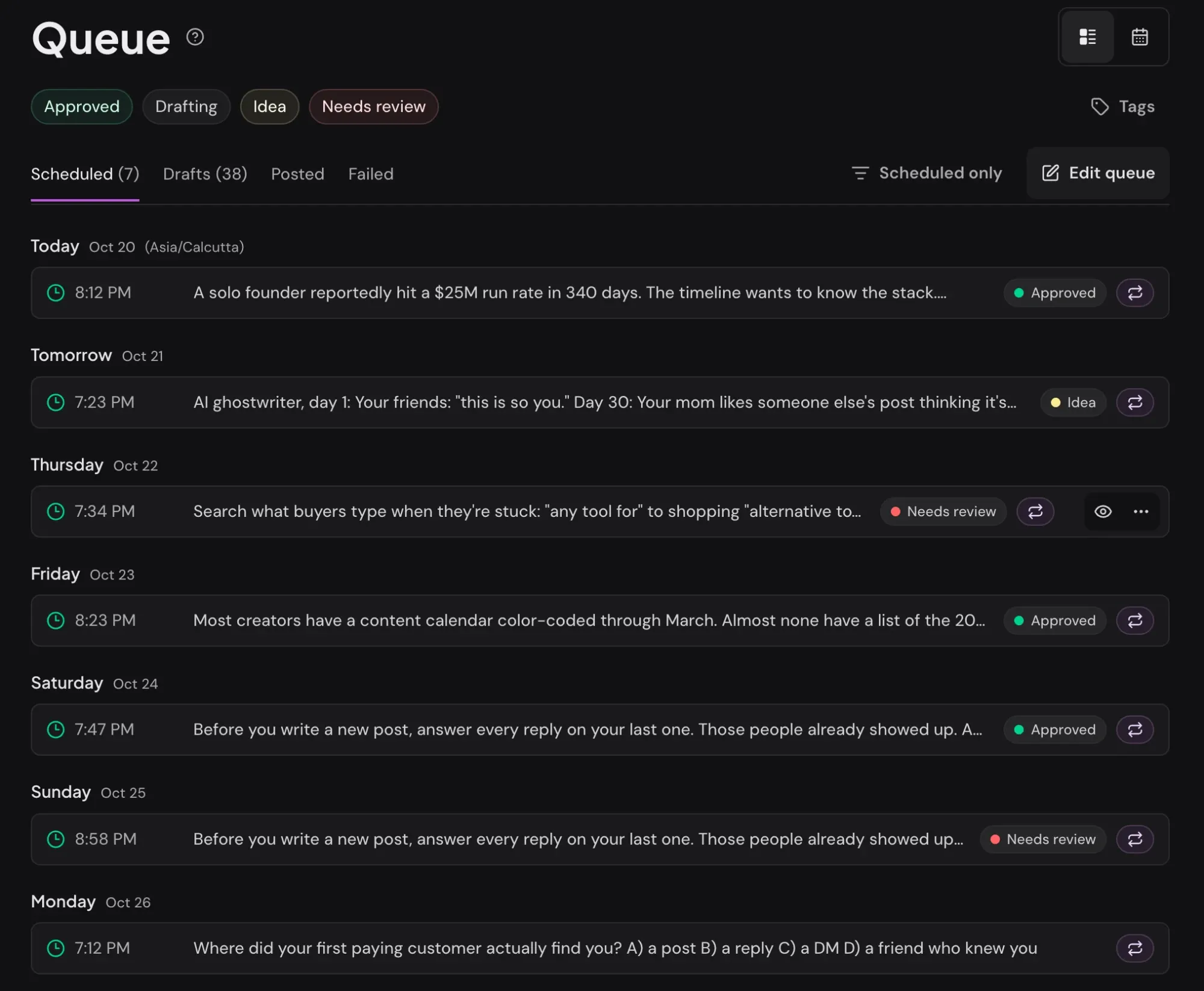 Xholic Queue showing scheduled X posts grouped by day with posting times, plus Drafts, Posted and Failed tabs.