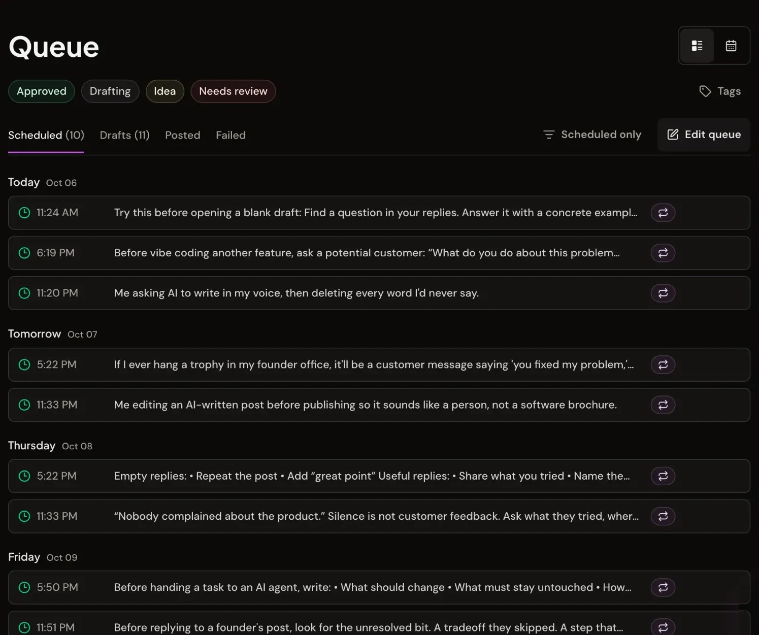 Xholic Queue showing scheduled X posts grouped by day with posting times, plus Drafts, Posted and Failed tabs.