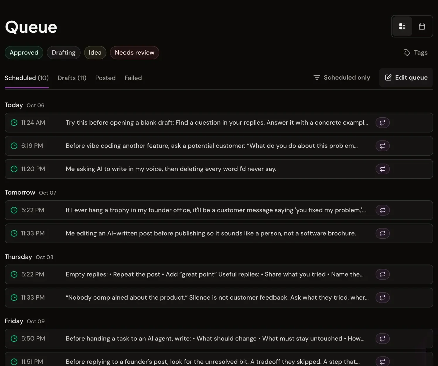 The Xholic queue with ten scheduled posts