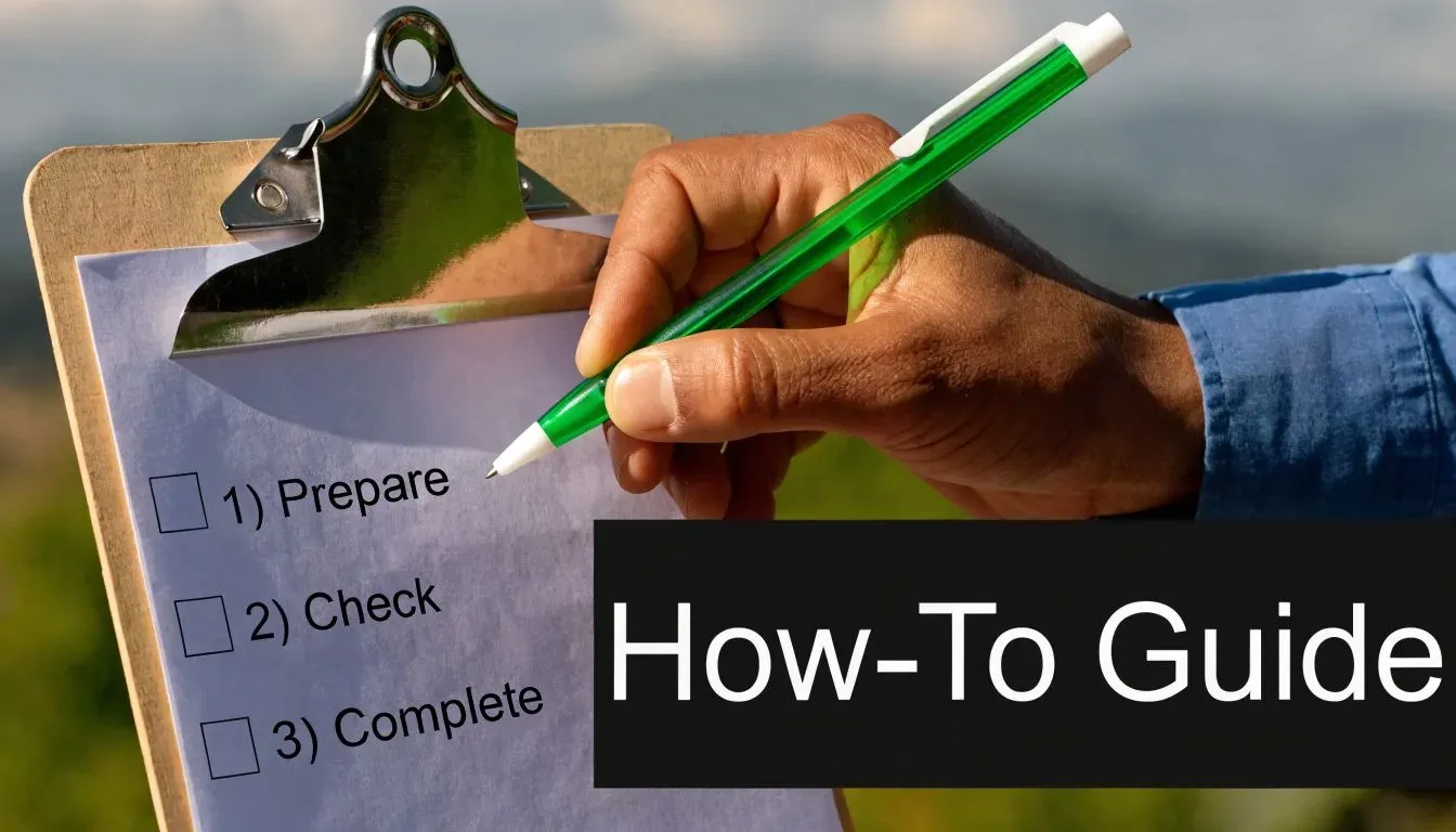 A person holding a green pen and a clipboard with a checklist titled How-To Guide outdoors.