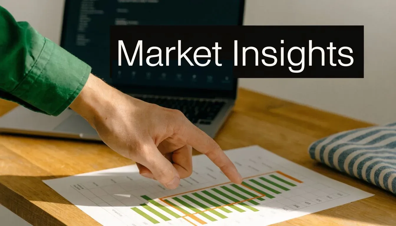 A person in a green shirt points at a bar graph on paper during business analysis.