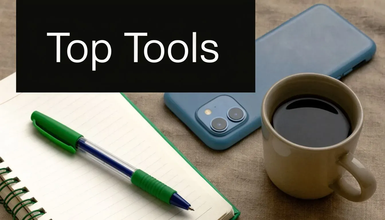 A top-down view showing a notebook with a green pen, a blue smartphone, and a coffee mug.