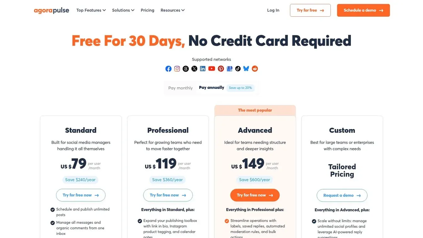 Agorapulse social media scheduling software pricing table
