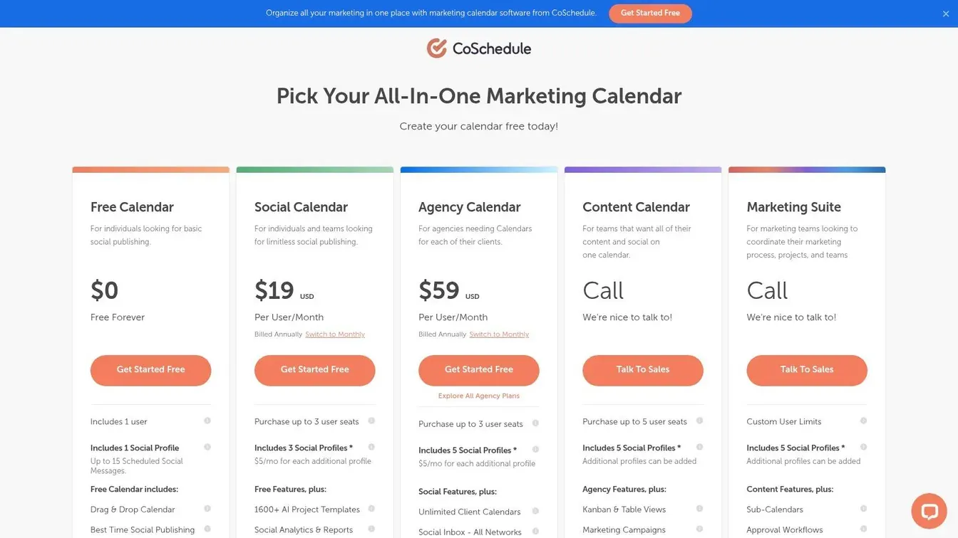 CoSchedule Social Calendar scheduling software pricing table