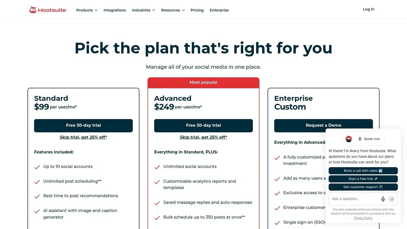 Hootsuite social media scheduling software pricing table