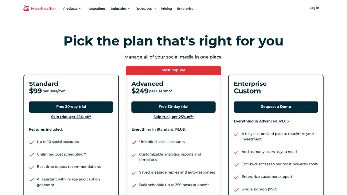 Hootsuite social media scheduling pricing plans page.