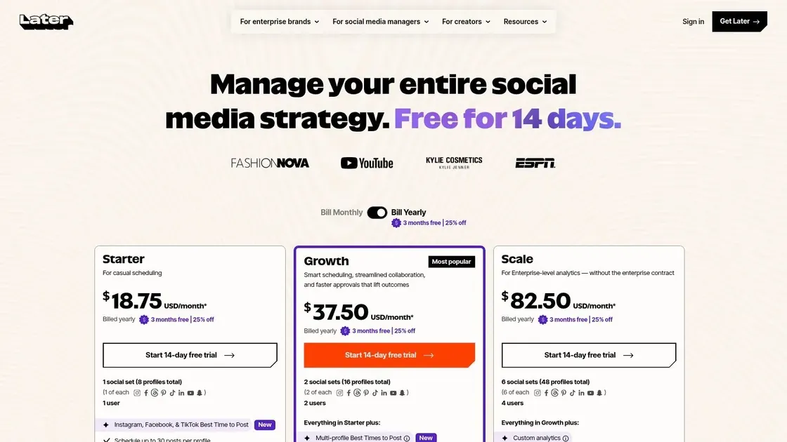 Later social media scheduling pricing plans page.