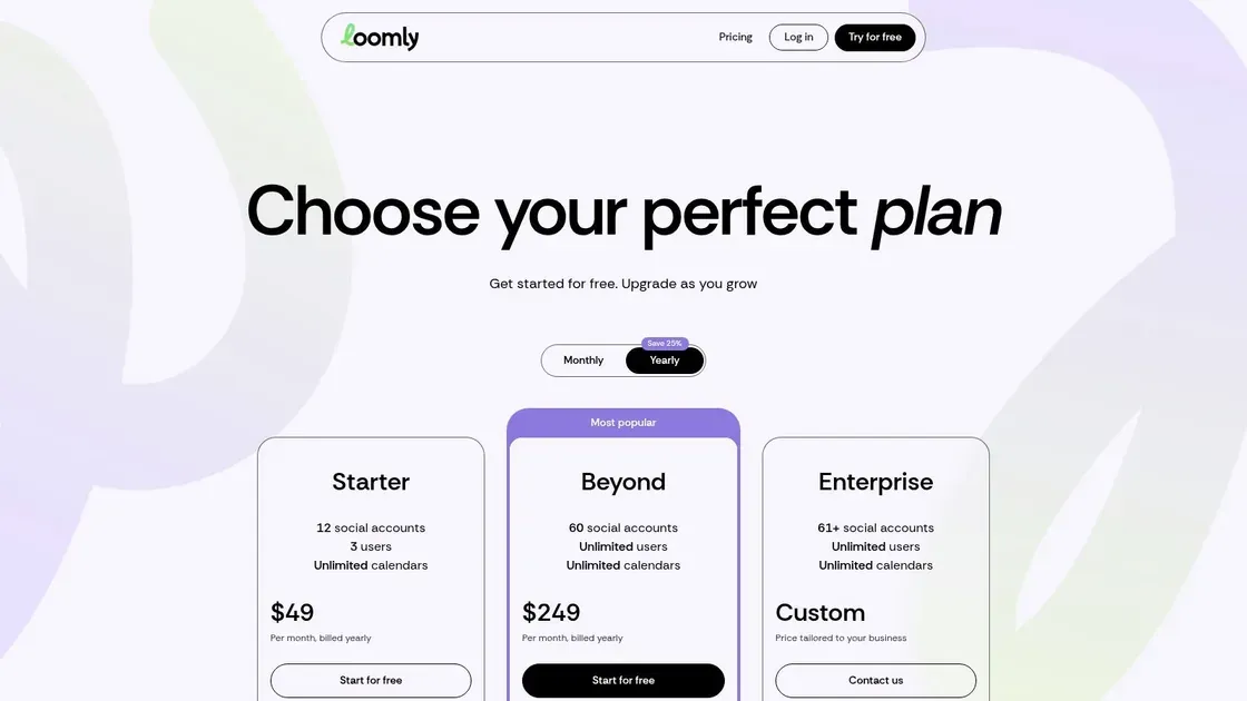 Loomly social media scheduling pricing plans page.