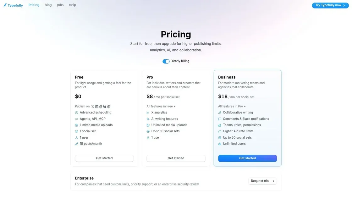 Typefully social media scheduling pricing page.