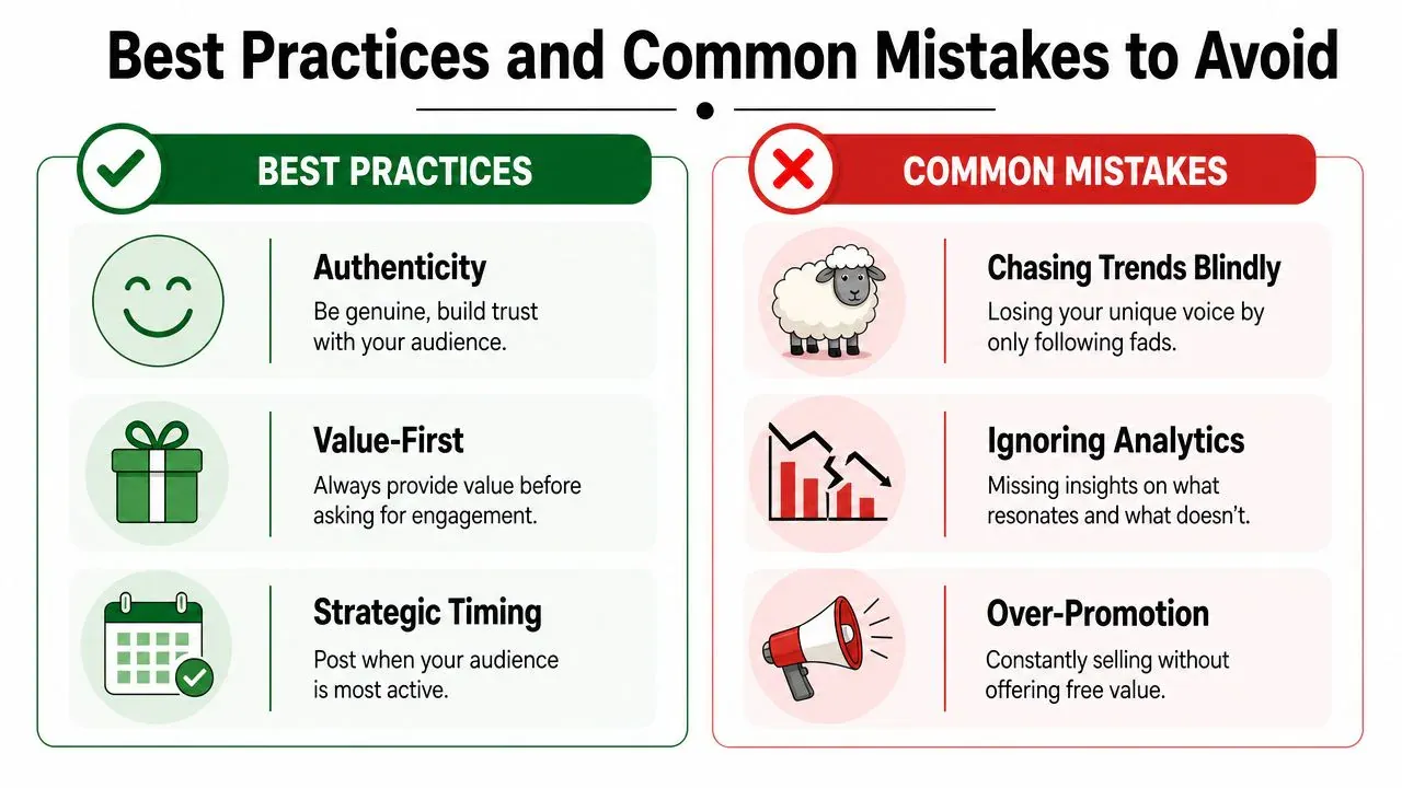 An infographic displaying best practices versus common mistakes for social media content strategy and audience engagement.