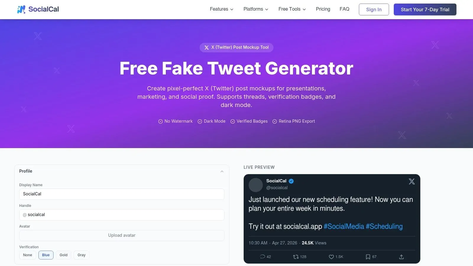 SocialCal - Free Fake Tweet/X Post Generator