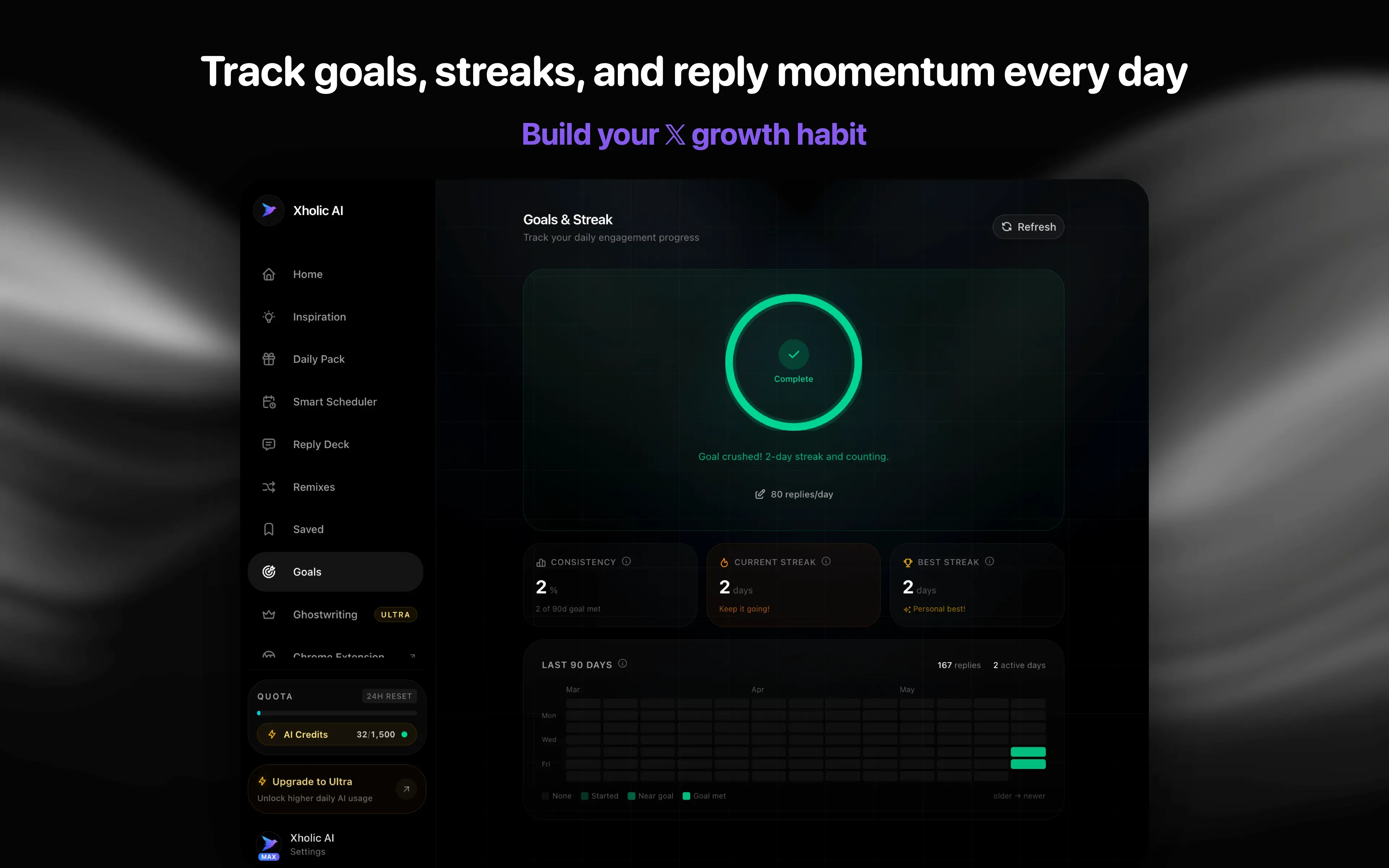 Xholic AI Chrome extension streak tracking preview.