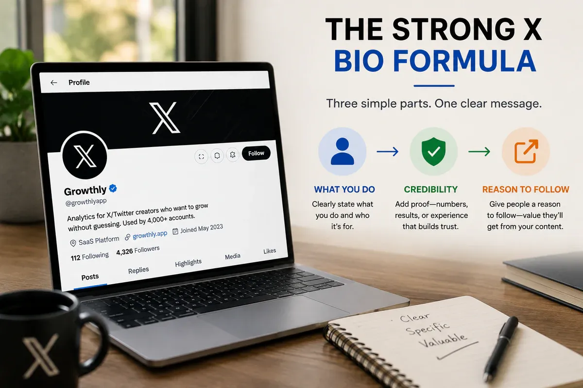 Strong X bio formula combining what you do, credibility, and a reason to follow.
